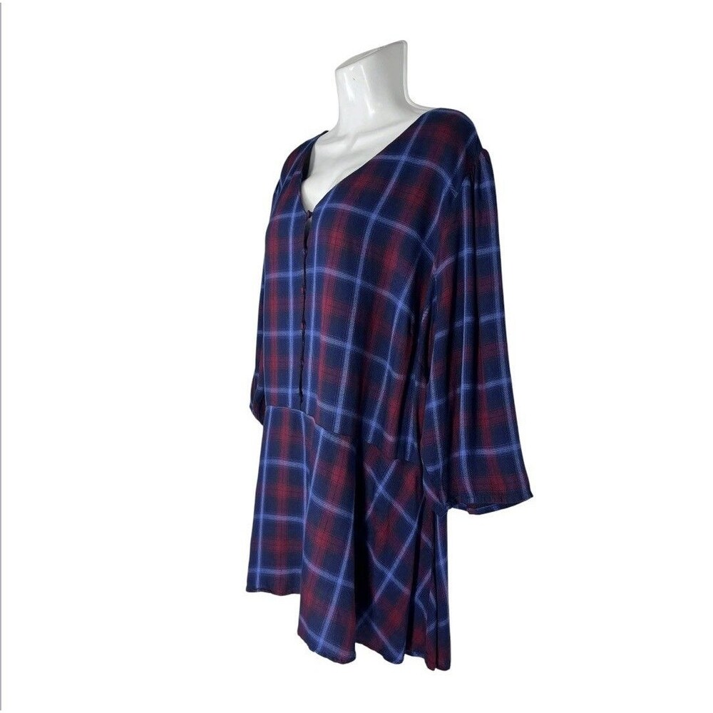 Lane Bryant Top Size 26 Purple Plaid V Neck 3/4 Sleeve Women Plus Blouse Casual